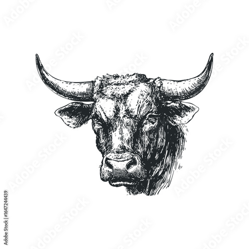 Detailed Sketch of a Powerful Bull's Head with Long Horns