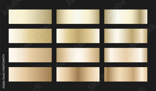 Soft champagne gold gradient swatches collection. Light metallic textures with polished foil shine and satin smooth transitions. Elegant palette for premium and sophisticated designs