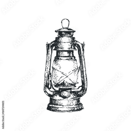 Vintage Oil Lamp Isolated on White Background in Sketch Style