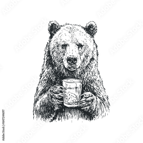Hand-drawn grizzly bear holding a glass of whiskey with ice