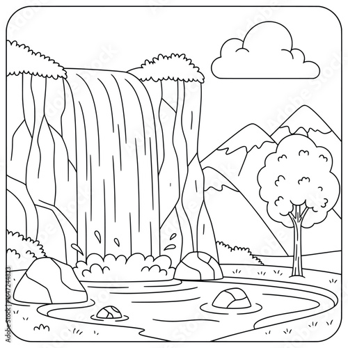 Peaceful waterfall cascading into a calm pond with surrounding rocks, trees, and mountains in a tranquil natural setting illustrated in black and white line art for coloring pages