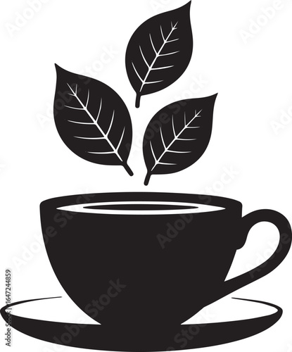 Silhouette of a teacup with floating autumn leaves, elegant seasonal design for cozy tea themes, fall decor, and warm beverage art

