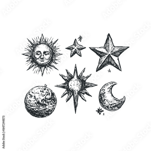 Hand-drawn celestial bodies including a face sun, moon, and stars