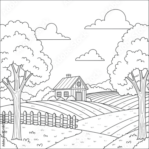 Charming farmhouse with trees, wooden fence, and rolling fields under a clear sky in a peaceful rural landscape black and white line art coloring page design