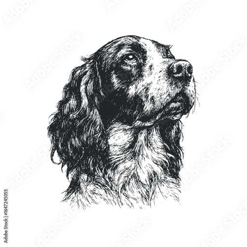 Detailed Ink Sketch of an English Setter Dog's Head Looking Upwards