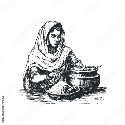 Indian woman preparing food in sketch style