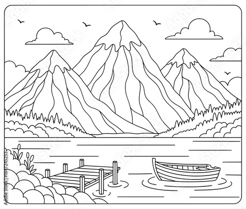 Black and white mountain landscape illustration featuring tall peaks, a lake with a wooden dock and a boat, clouds, and birds in the sky, perfect for coloring books and nature art projects.