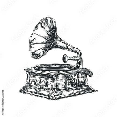 Vintage Gramophone with Horn and Record on White Background
