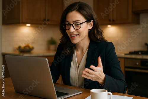 Businesswoman on video conference call at kitchen table, soft lighting, realistic details