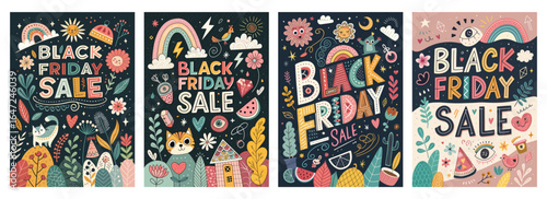 Colorful and whimsical Black Friday Sale illustrations featuring playful designs and vibrant elements.
