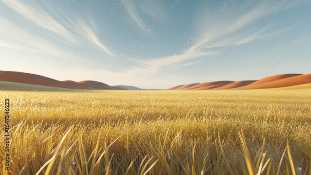 Obraz premium Golden Wheat Field Under a Vast Sky with Wispy Clouds and Rolling Hills in the Distance