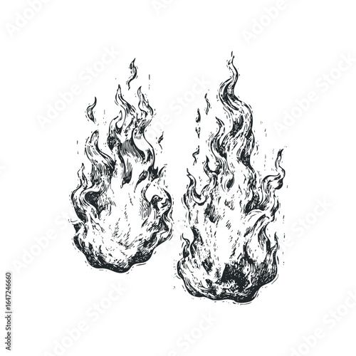 Hand Drawn Black Ink Flames On White Background