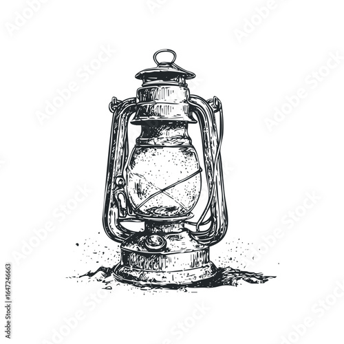 Vintage kerosene lantern isolated on white background in sketchy style