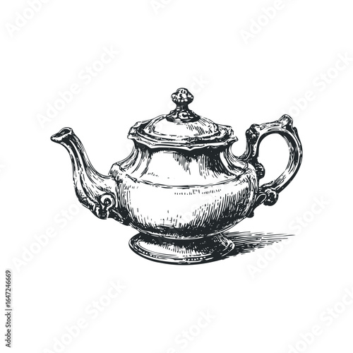 Ornate Silver Teapot Sketch with Detailed Handle and Spout