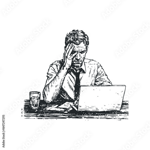 Man holding head in frustration while looking at laptop screen with drink