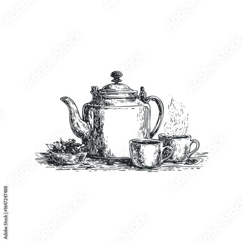 Steaming Teapot with Two Cups and Bowl of Leaves