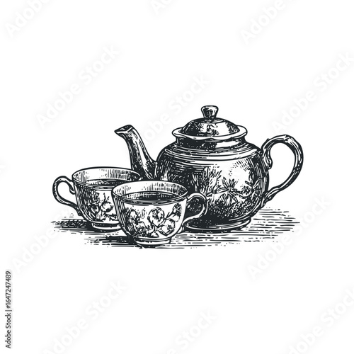 Vintage Teapot and Two Cups with Floral Design in Engraved Style