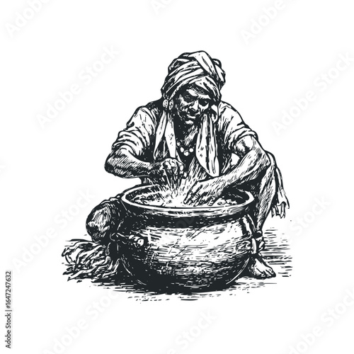 Man in turban working with large pot