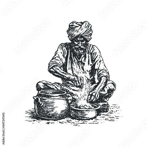 Indian man with turban preparing food in clay pots outdoors
