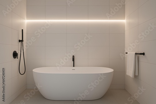 Modern bathroom with freestanding bathtub, matte black fixtures, white tiles, LED backlighting, minimalist style