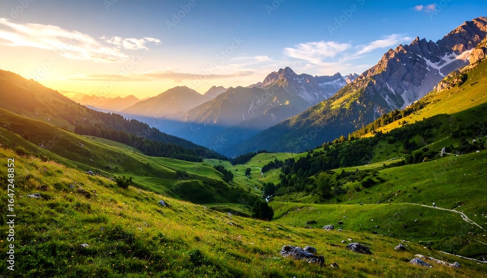 Fototapeta premium Majestic alpine landscape at sunrise, showcasing lush meadows and rugged peaks