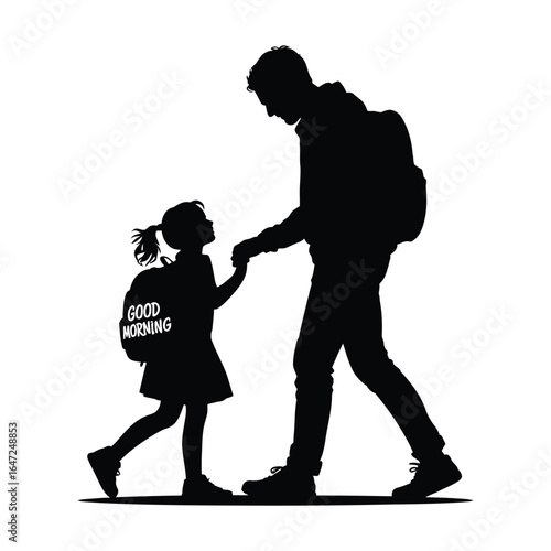 Silhouette of adult and child walking hand in hand with backpacks, child’s bag reading “GOOD MORNING,” symbolizing care and daily routine