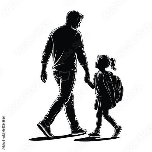Silhouette of adult holding child’s hand as they walk together, child with backpack, symbolizing care, trust, and family bonding