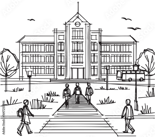 Boy go to school. Sketch. Doodle style, landscape