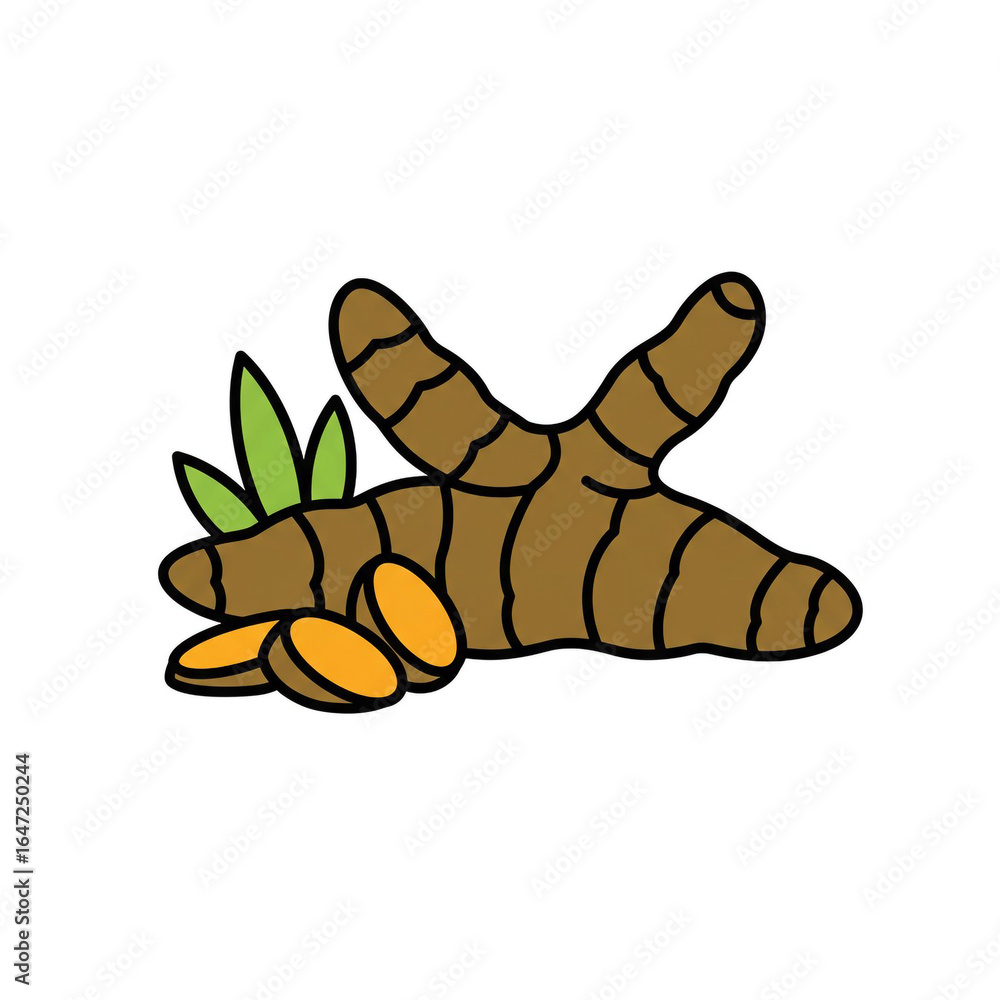 Fototapeta premium Illustration of Turmeric Root and Slices with Green Leaves for Culinary and Health Concepts Fresh and Vibrant Turmeric Depiction