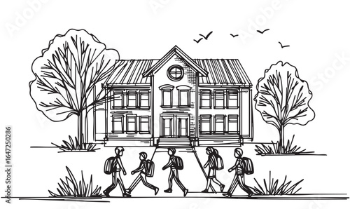 Schoolchildren go to school. Sketch. Doodle style, landscape