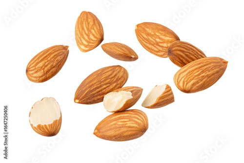 Delicious almonds scattered on transparent background for healthy food and snack visuals