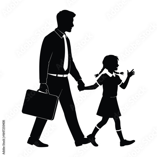 Silhouette of adult in suit holding child’s hand, both with backpacks, symbolizing family bond, daily routine, and urban companionship