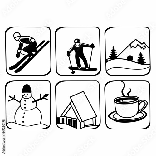 Winter sports and holiday icons set isolated on white background featuring skiing, snowboarding, snowman, cabin, and a cup of hot coffee