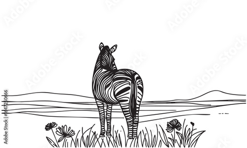 Landscape with zebra with stripped fur. Flat black sketch