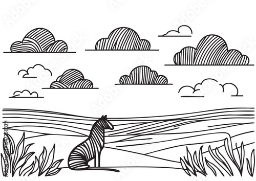 Landscape with zebra or horse with stripped fur. Flat black sketch
