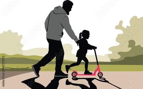 Silhouette of adult guiding child on scooter through park pathway, symbolizing support, learning, family bond, and outdoor exploration