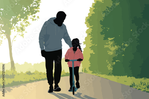 Silhouette of adult walking beside child riding scooter on forest path, symbolizing care, freedom, bonding, and peaceful outdoor moments