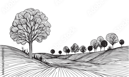Line landscape with tree. Futuristic. Vector line sketch illustration