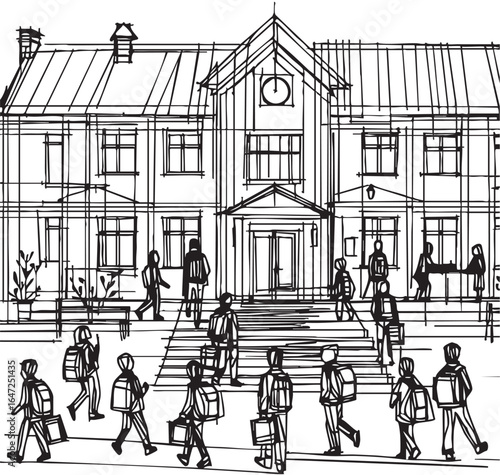 Schoolchildren go to school. Sketch. Doodle style, landscape