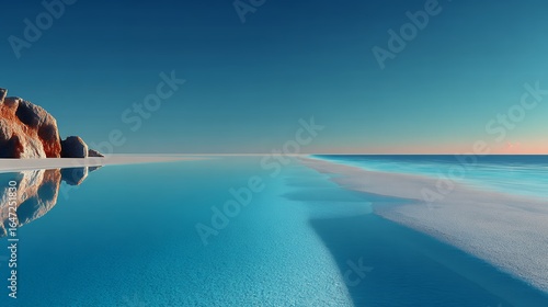 Fototapeta Naklejka Na Ścianę i Meble -  Serene Oceanfront View Azure Seascape With White Sand Beach Idyllic Coastal Scenery Reflective Waters Calm Horizon Picturesque Shoreline Coastal Tranquility Vacation Paradise
