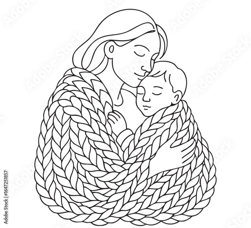 Mother hugging baby stylized vector. Line Sketch illustration. Mum and baby in knitted plaid