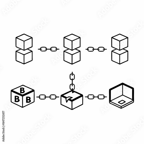 Blockchain diagram with connected blocks and chains isolated on white background, illustrating decentralized and secure digital transactions in a network