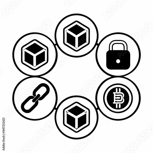 Blockchain technology concept with bitcoin, lock, and chain icons isolated on white background, representing decentralized and secure digital transactions