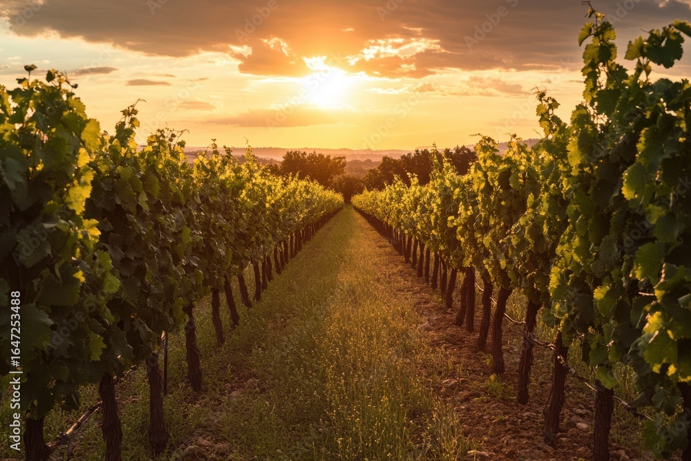Fototapeta premium Vineyard rows at sunset golden hour view