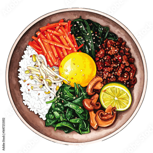Watercolor Illustration of Korean Bibimbap Dish – Traditional Mixed Rice with Vegetables and Egg