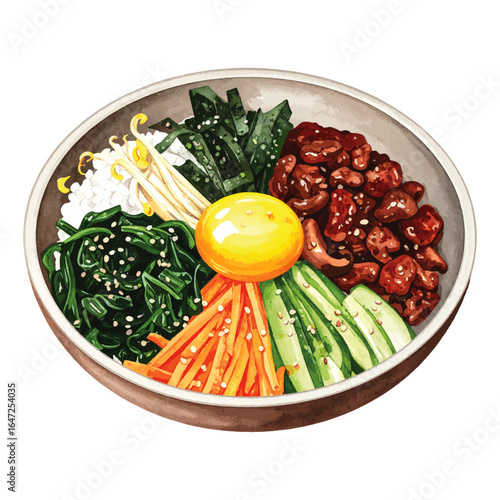 Watercolor Illustration of Korean Bibimbap Dish – Traditional Mixed Rice with Vegetables and Egg