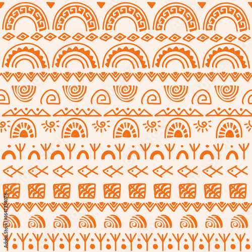 Seamless African Tribal Pattern in Retro Orange hand-drawn pattern inspired by African and Egyptian tribal motifs, created in a retro vintage style with a naive, artisanal feel. The design 