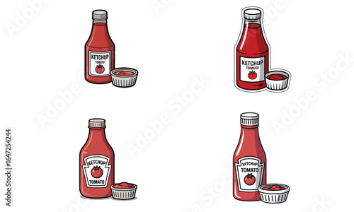 Tomato ketchup bottle with sauce cup illustration set