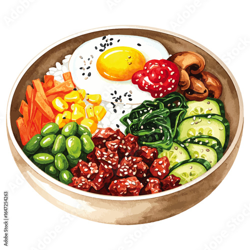 Watercolor Illustration of Korean Bibimbap Dish – Traditional Mixed Rice with Vegetables and Egg