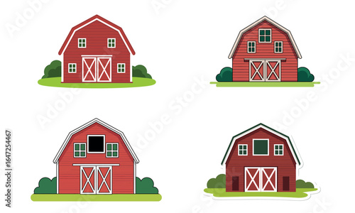 Red barn farm building illustration set with doors and windows